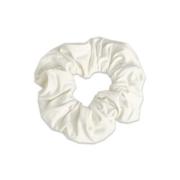 A white scrunchie from Tiny Knot Co on a white background.