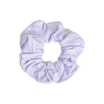 A lavender scrunchie from Tiny Knot Co on a white background.