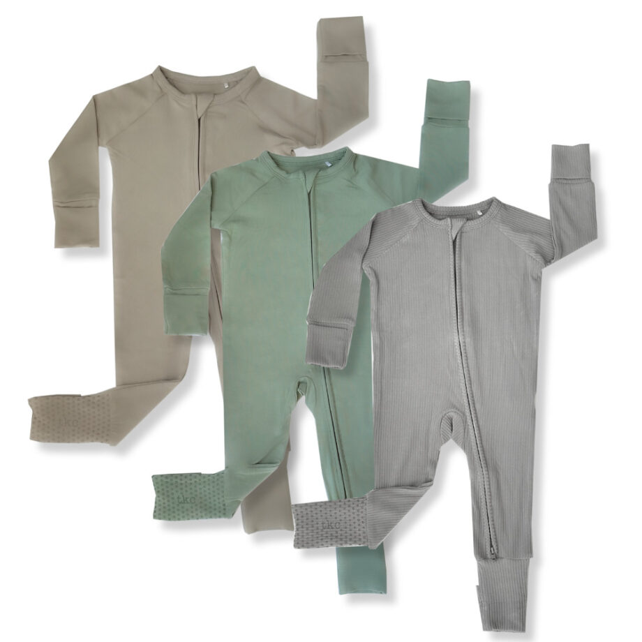 A Tiny Knot Co Newborn Romper Bundle - 3 Pack of grey and green pajamas.