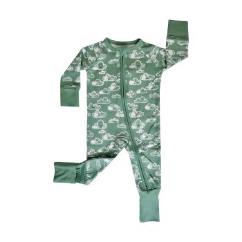 A Tiny Knot Co baby's green pajama suit with a white and green pattern.