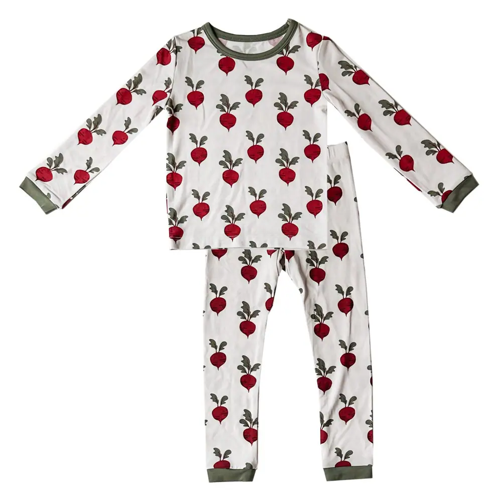 Super soft TENCEL™ modal baby pajamas, radish print, green trim—Tiny Knot Co