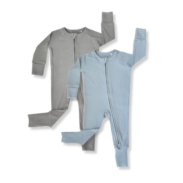 A pair of Tiny Knot Co grey and blue pajamas.