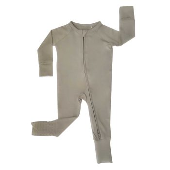 A Ribbed Zippered Romper - Glacier from Tiny Knot Co in light grey.