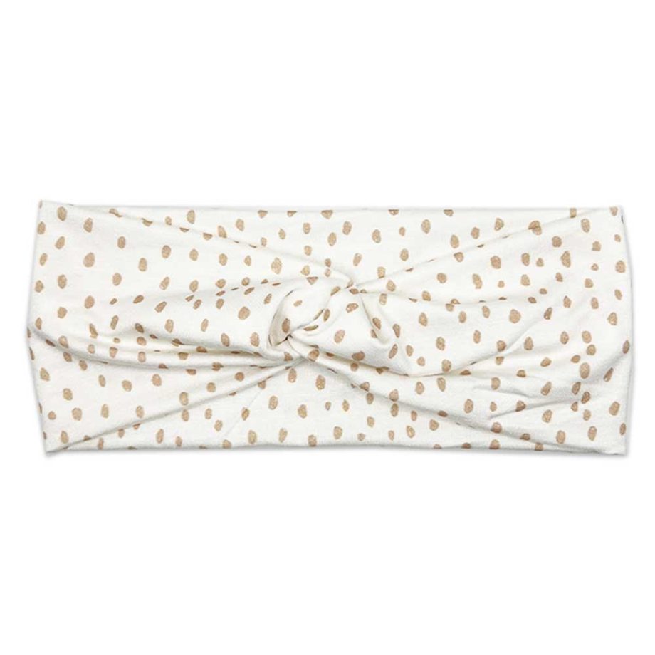Emery - Women's Bamboo Headwrap is a white and gold polka dot headband by Tiny Knot Co.