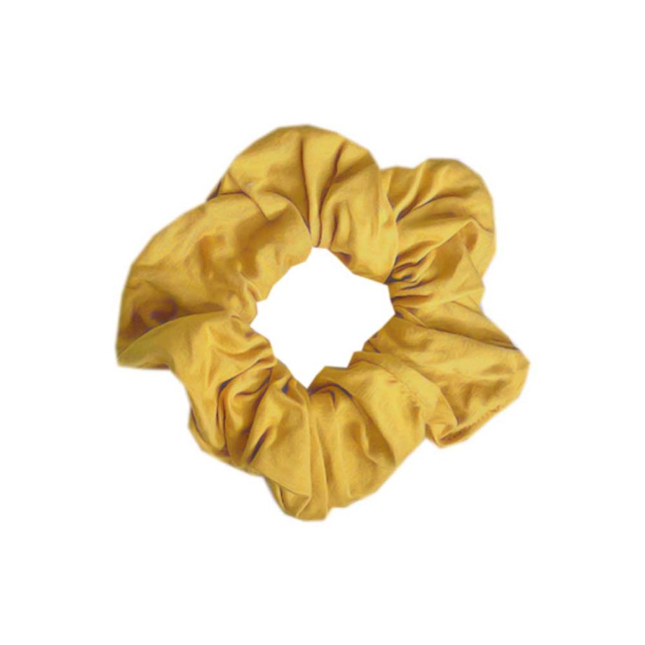 A yellow scrunchie on a white background by Tiny Knot Co.