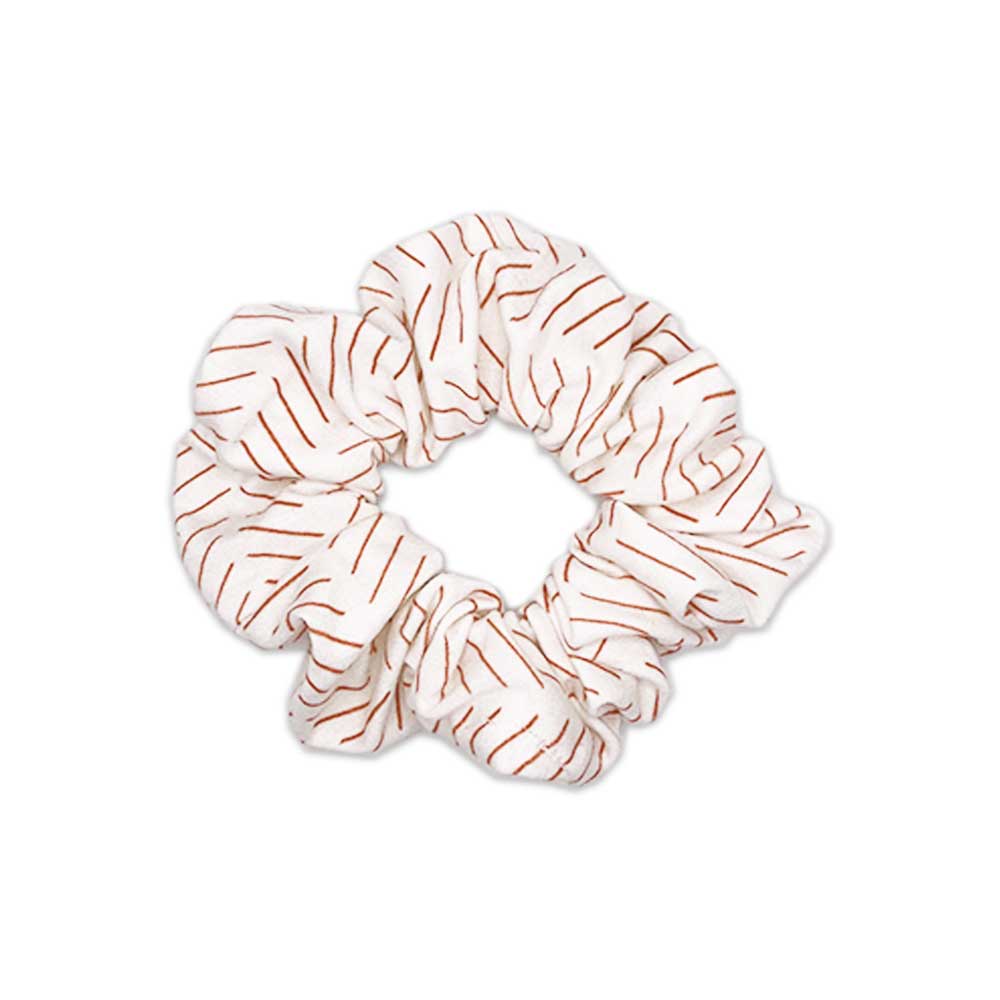 Tiny Knot Co meadow bamboo scrunchie with brown stripes.