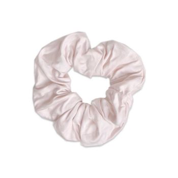 A pink scrunchie by Tiny Knot Co on a white background.