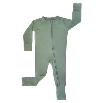 A Ribbed Zippered Romper - Glacier in sage green by Tiny Knot Co.