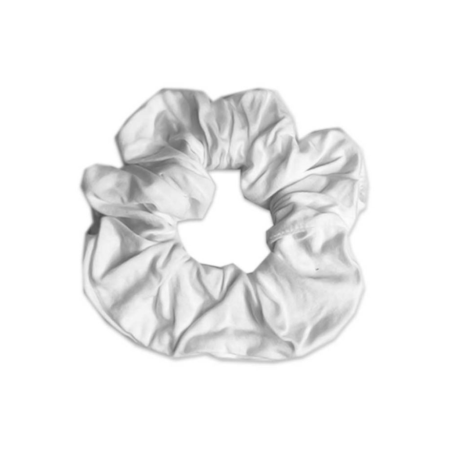 A white scrunchie by Tiny Knot Co on a white background.