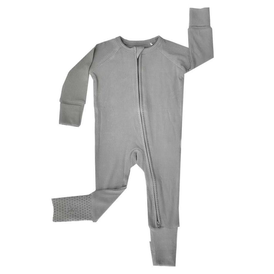 A Ribbed Zippered Romper - Glacier by Tiny Knot Co with zippers on the legs.