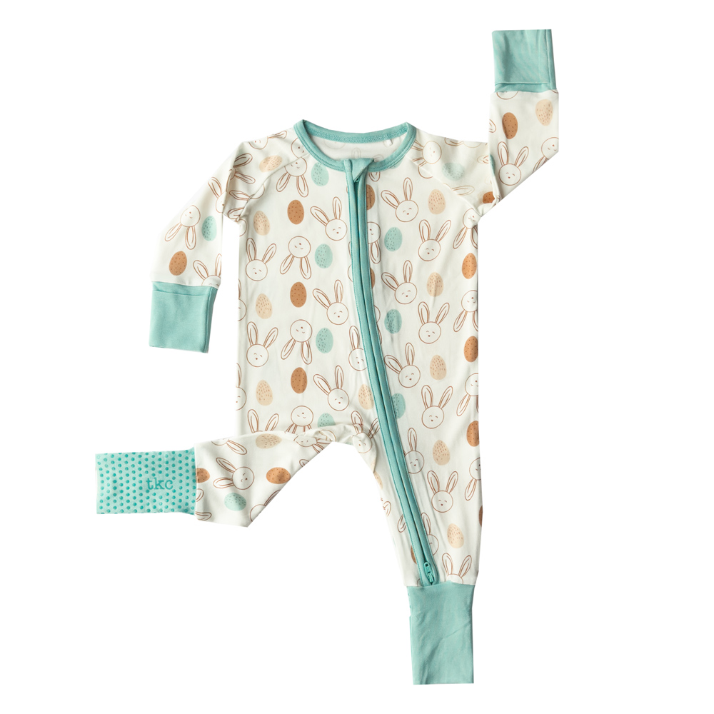 Super soft TENCEL™ modal romper, bunny egg print, teal cuffs—Tiny Knot Co 
