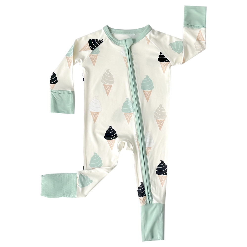 White baby romper, mint cuffs, ice cream print, super soft Tiny Knot Co 
