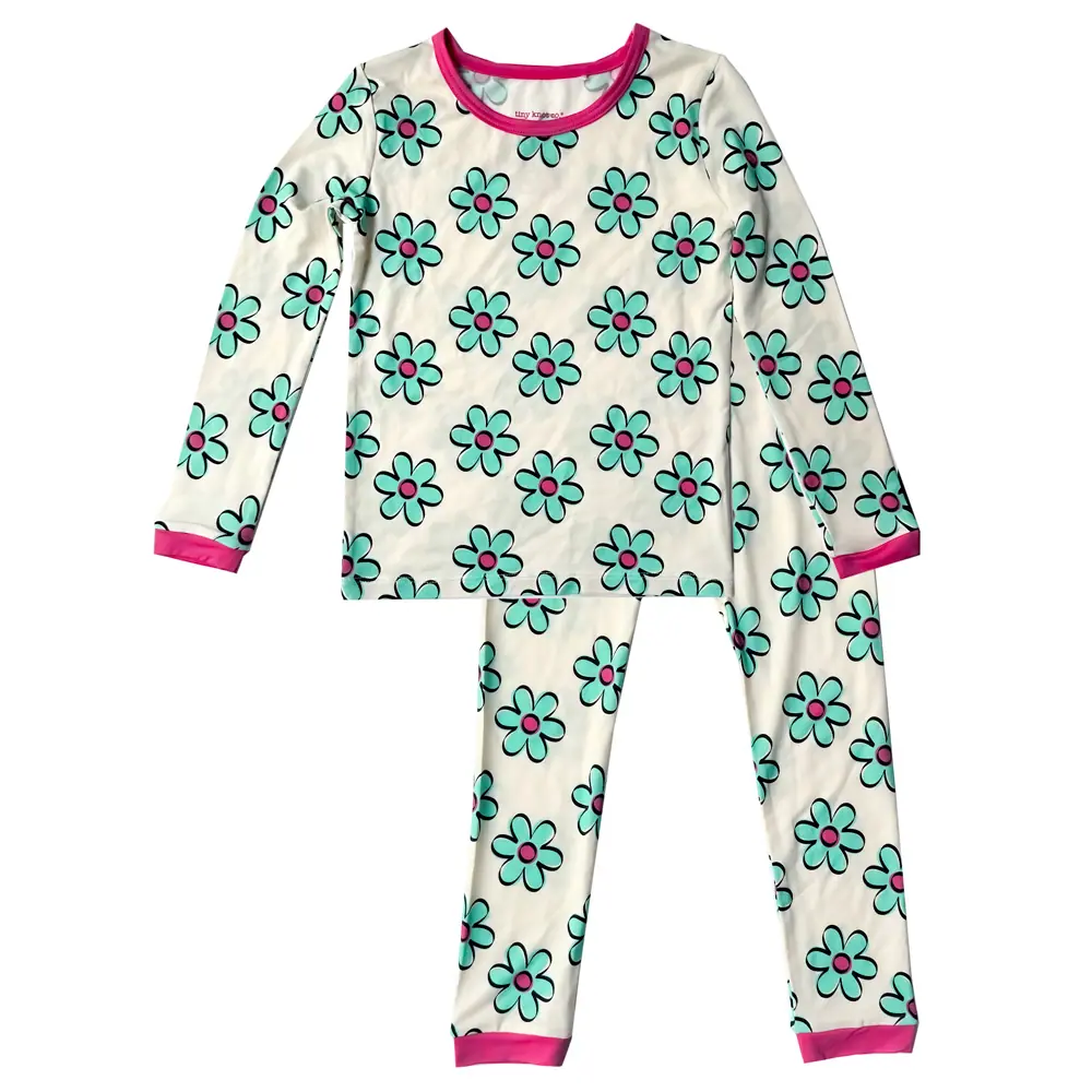 Cream floral baby pajamas, pink trim, ultra soft TENCEL™ modal Tiny Knot Co