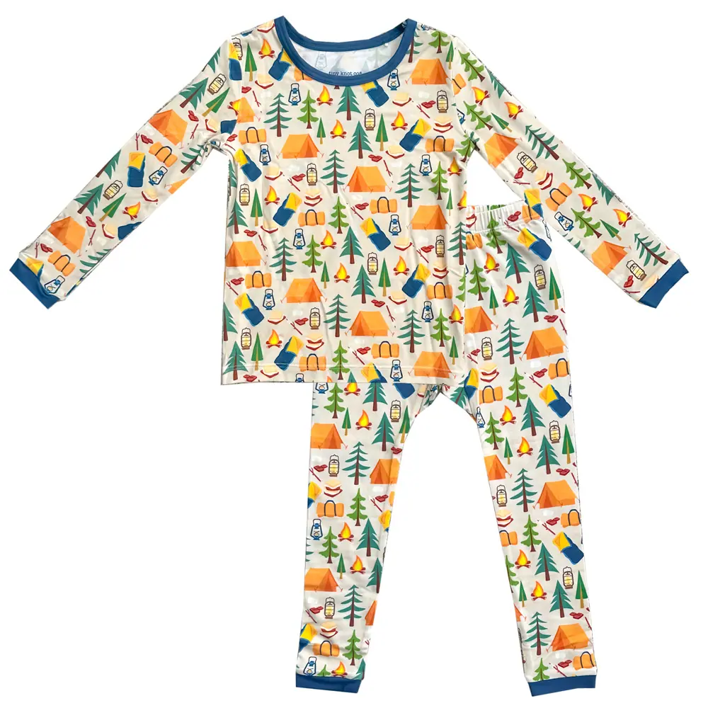 Soft TENCEL™ modal baby pajamas, camping print, blue trim—Tiny Knot Co