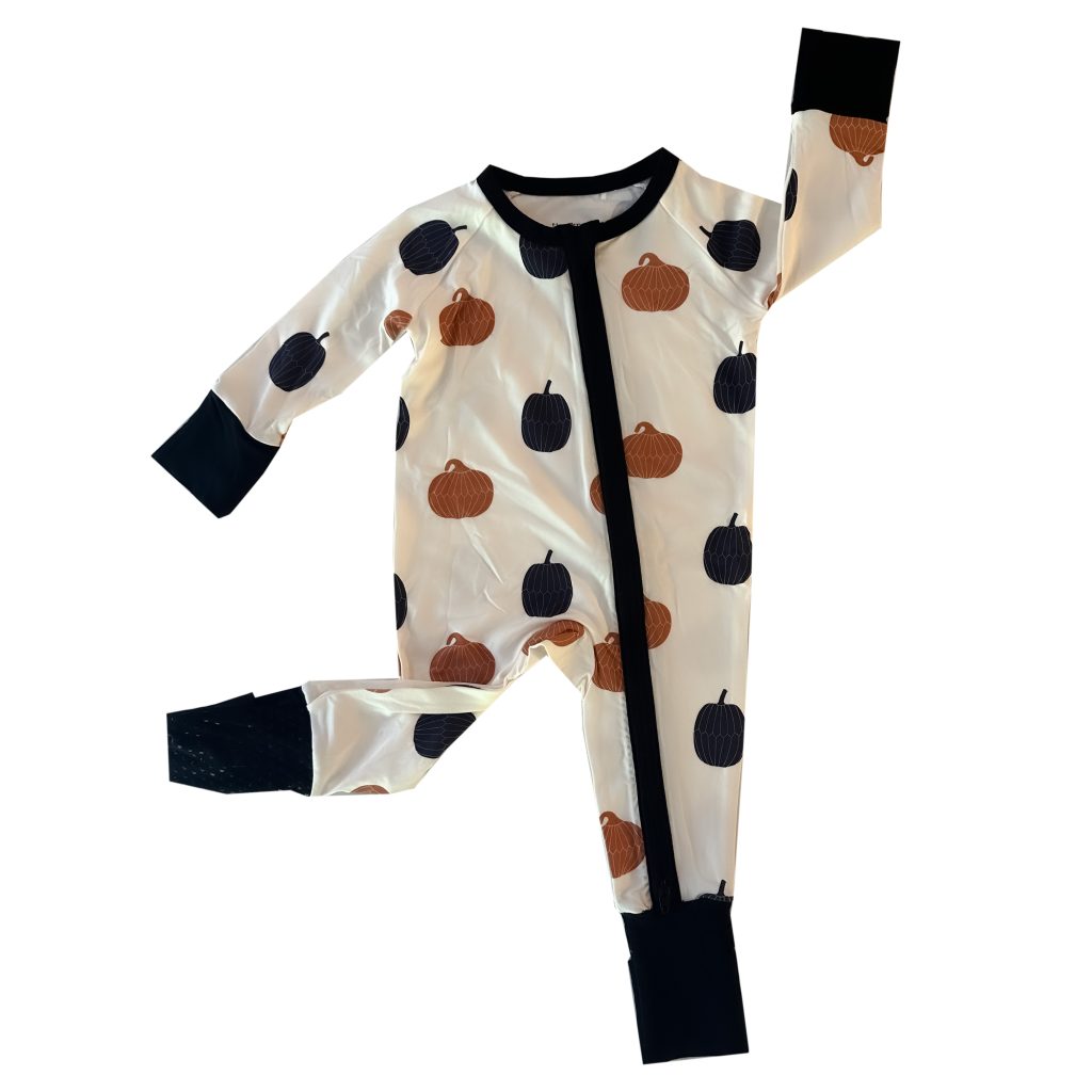 Soft TENCEL™ modal pumpkin onesie, black cuffs, zipper Tiny Knot Co