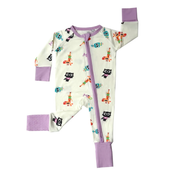 Soft TENCEL™ modal white animal romper, lavender trim, Tiny Knot Co 
