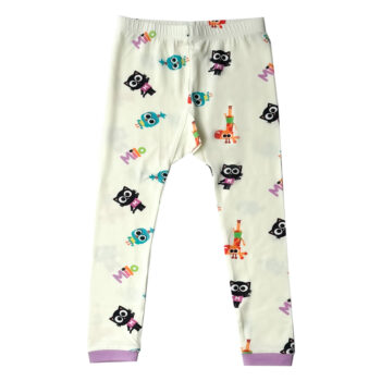 Soft white baby pajamas, colorful owls, purple cuffs. Tiny Knot Co.