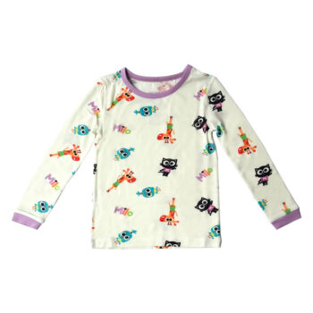 Super soft TENCEL™ modal baby pajama, white, purple, cartoon print. Tiny Knot Co.