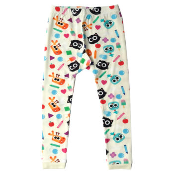 White pajama bottoms, colorful cartoon animals and shapes, super soft TENCEL™ modal. Tiny Knot Co.